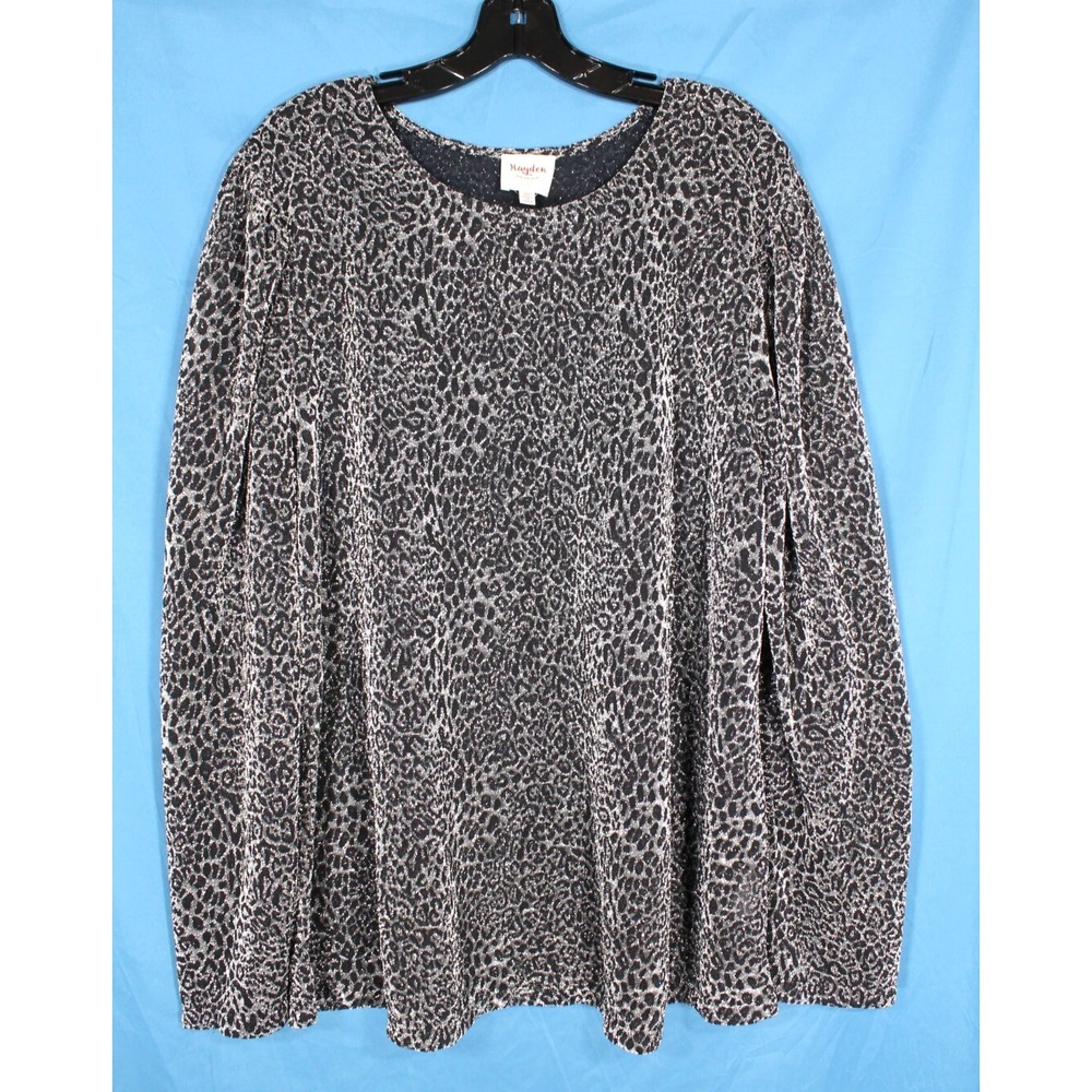 HAYDEN LOS ANGELES Black/w Silver Metallic LEOPARD Semi-Sheer BLOUSE/TOP Sz 2XL